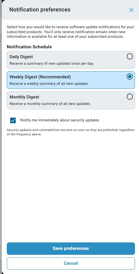 Notification preferences with daily, weekly, and monthly digest options, the security-update checkbox, and Save preferences.