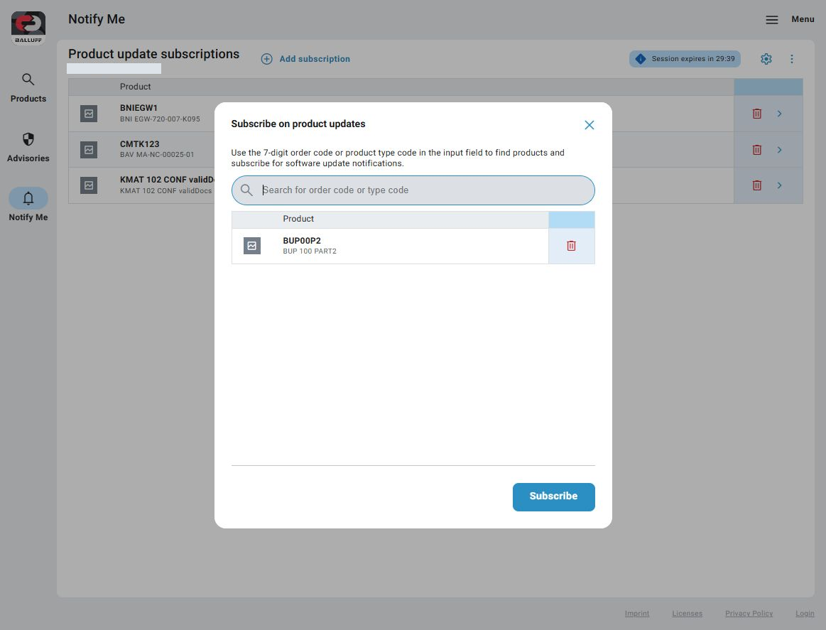 Add subscription dialog showing product search, a selected product, and the Subscribe button.