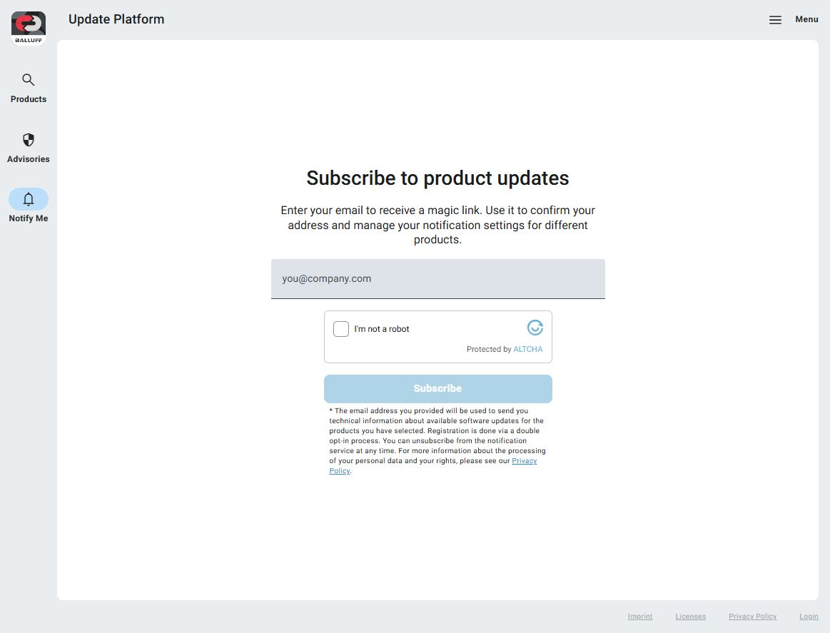 Notify Me signup form with an email field, robot check, and Subscribe button.