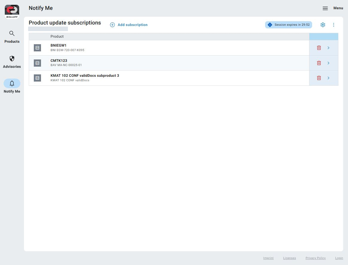 Subscribed product list with Add subscription, session countdown, settings, and product-removal controls.