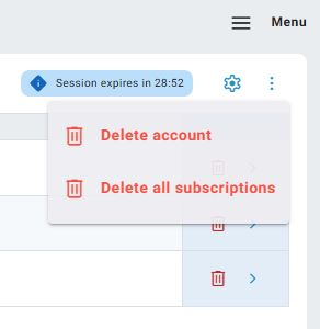 Three-dot management menu with Delete account and Delete all subscriptions actions.