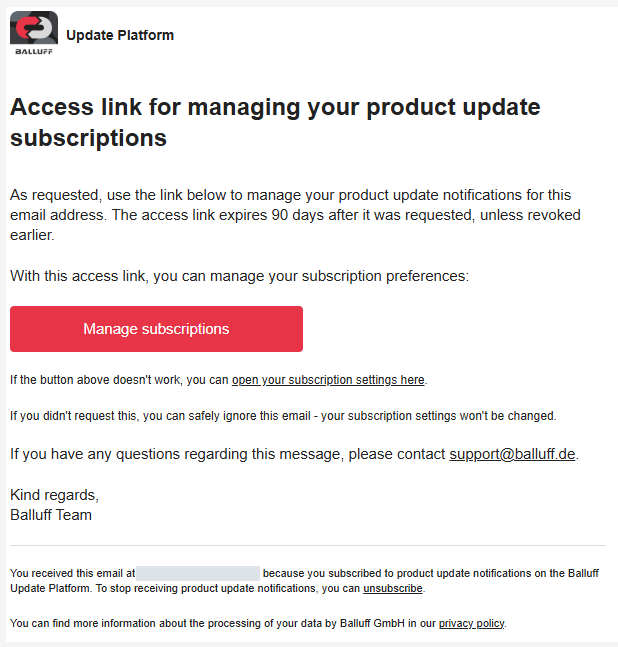 Management email with a Manage subscriptions button and a 90-day access-link lifetime.