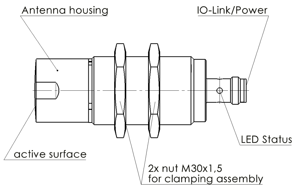 Technical sketch of a sensor with antenna housing, active surface, IO‑Link/power connector, LED status, and two M30×1.5 mounting nuts.