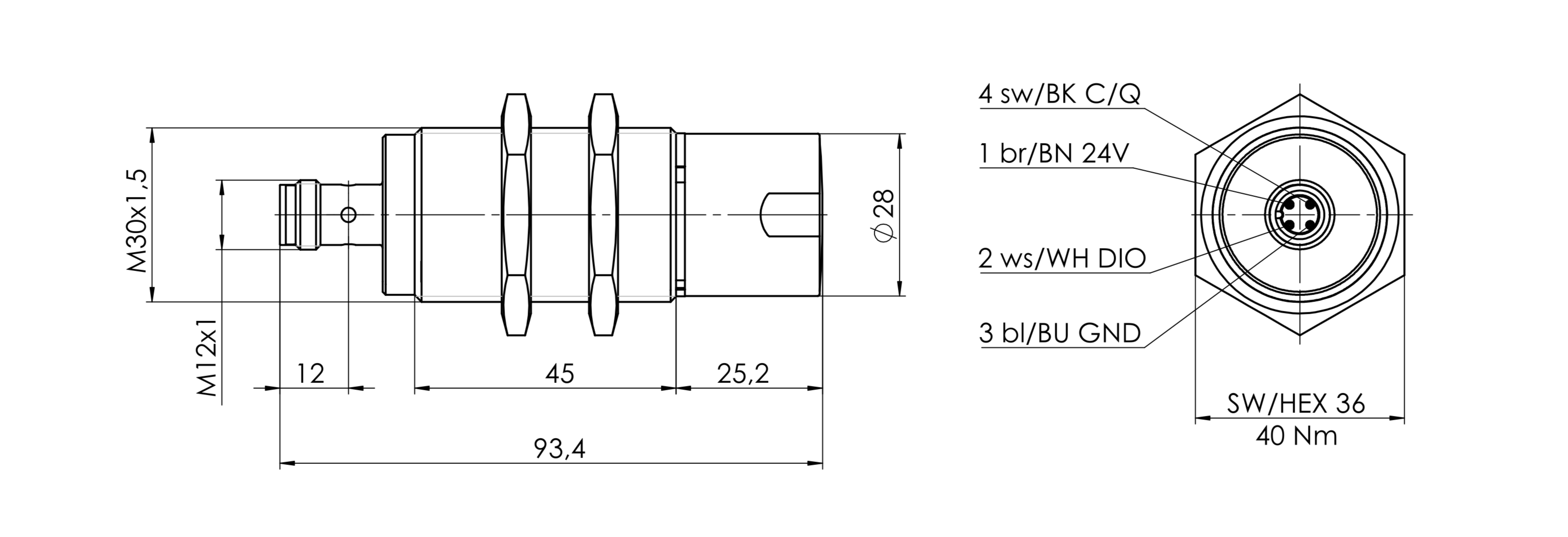 Dimensional drawing and pin assignment of an M12 A‑coded IO‑Link socket (pins 1–4) with recommended tightening torque 40 Nm.