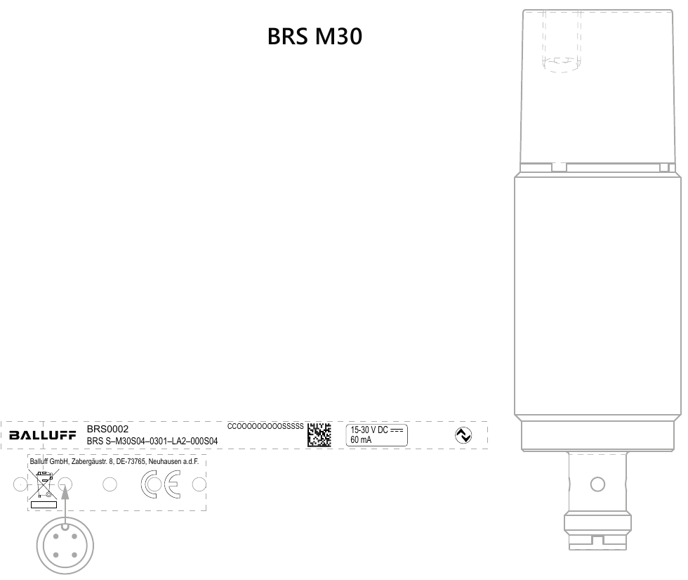 Line drawing of the BRS M30 sensor with nameplate area (product ID, QR code, regulatory marks, 15–30 V DC 60 mA) and M12 connector at the bottom.