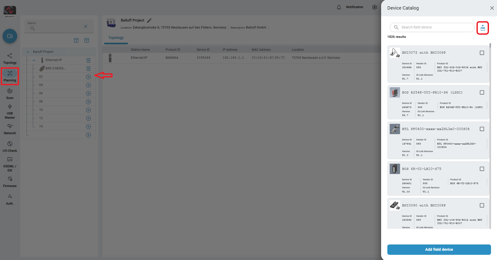 Upload the IODD in the Balluff Engineering Tool