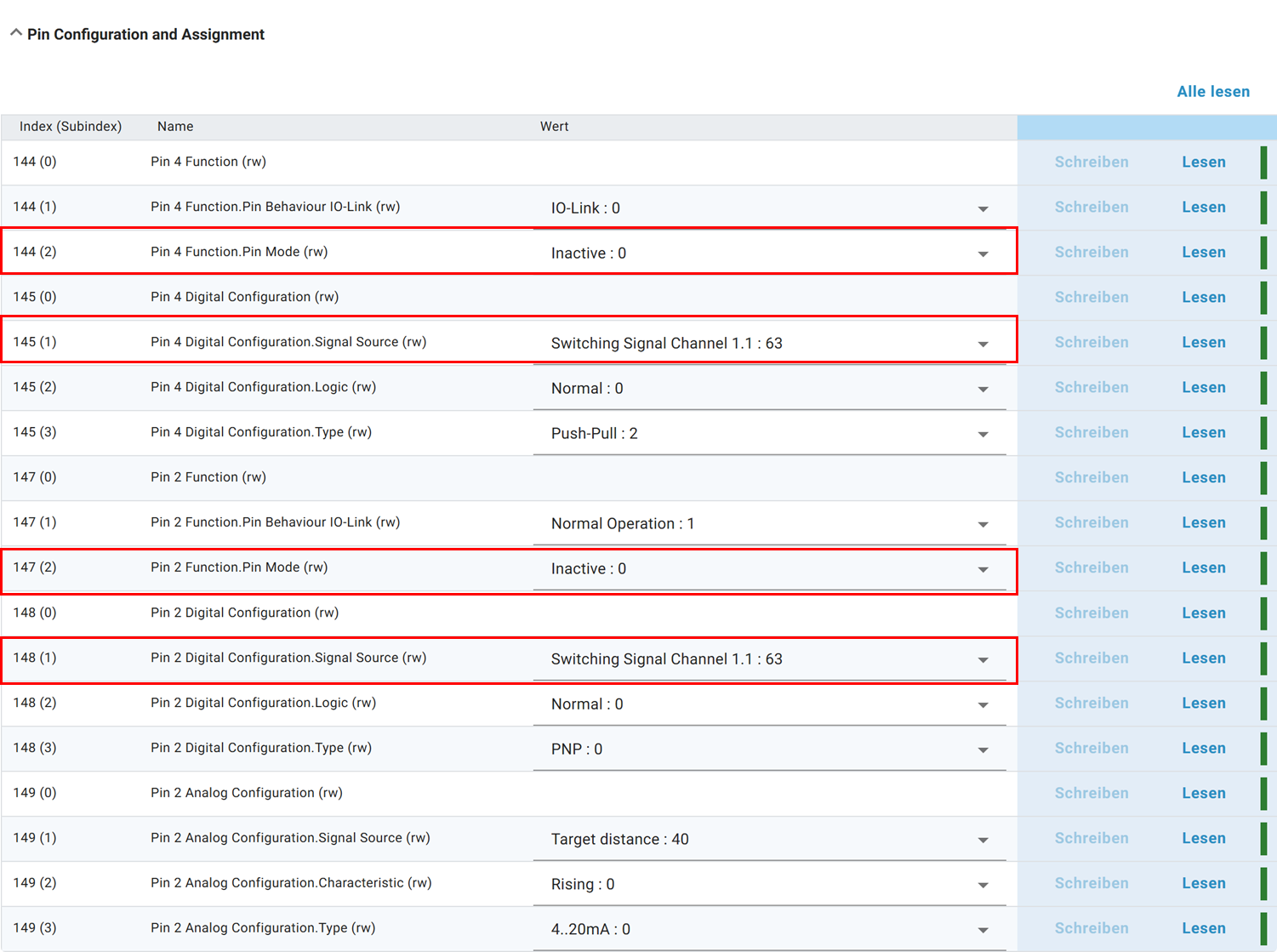 Pinnmodus und Signalquelle)