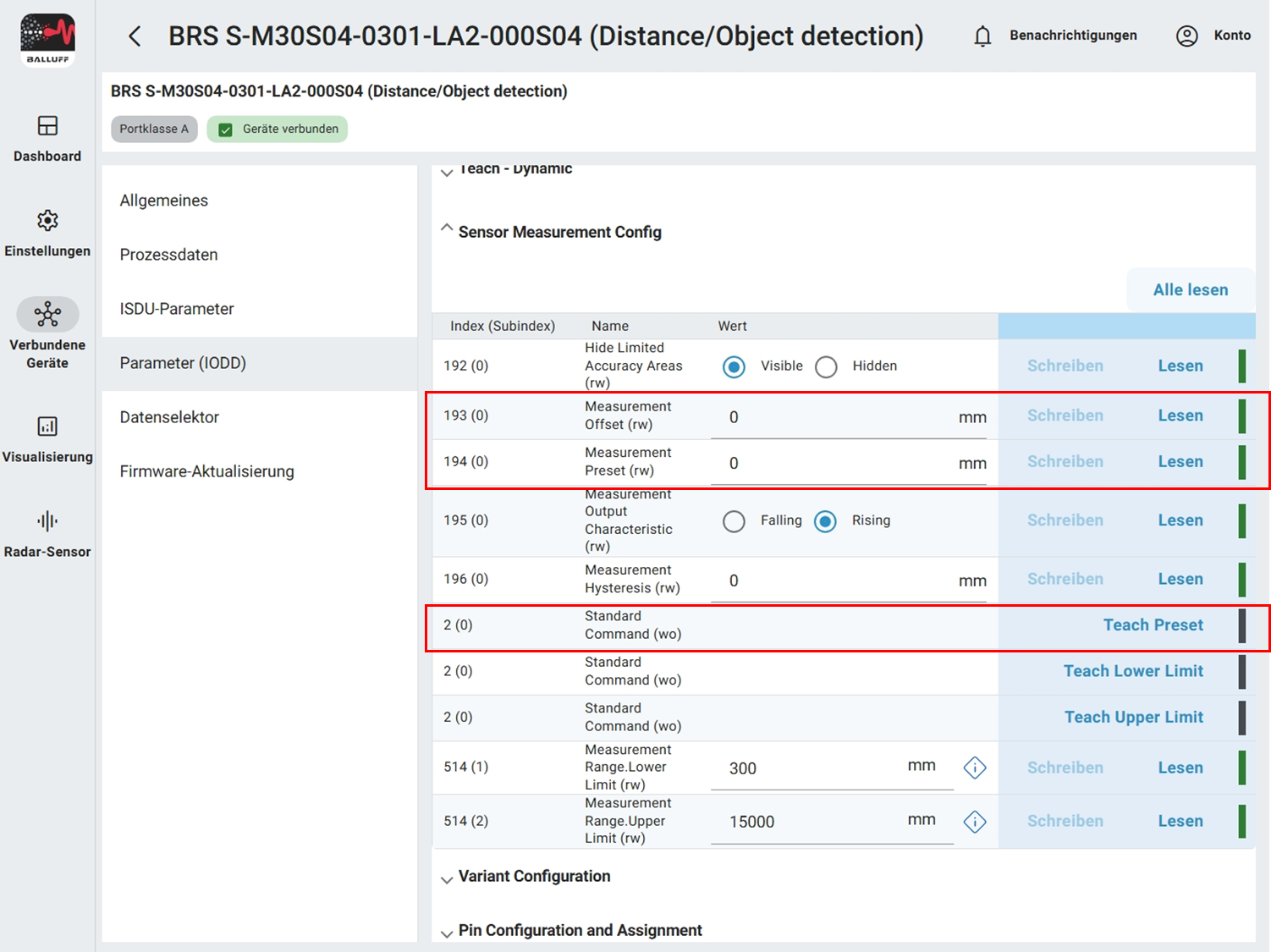Messversatz konfigurieren